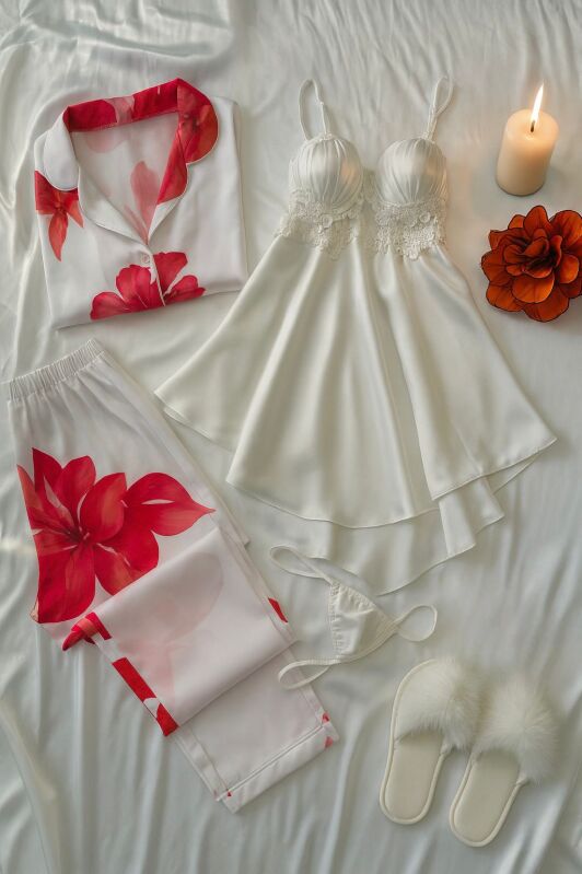 Aurora Intimates 4 Parca Saten Pijama Gecelik Seti - 1