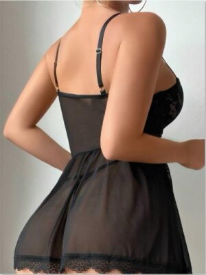 Bağcıklı Dantel Detaylı Fantezi Gecelik Siyah Tanga Dahil 7091 - 2