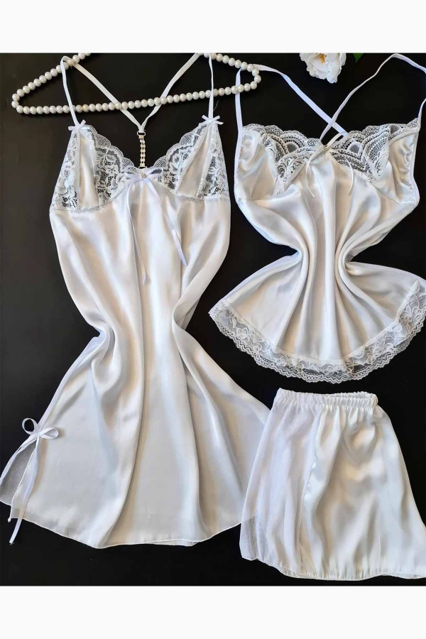 Beyaz saten 5 li gecelik şortlu set 6100 - 2