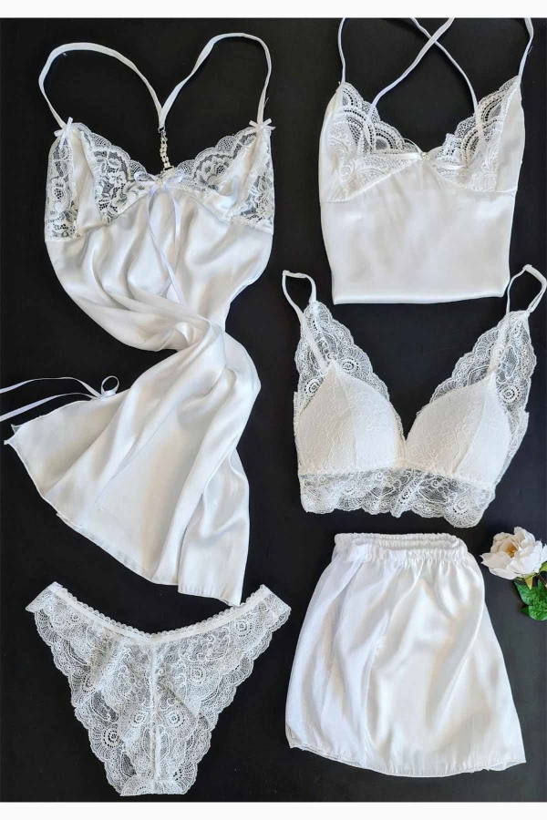 Beyaz saten 5 li gecelik şortlu set 6100 - 1