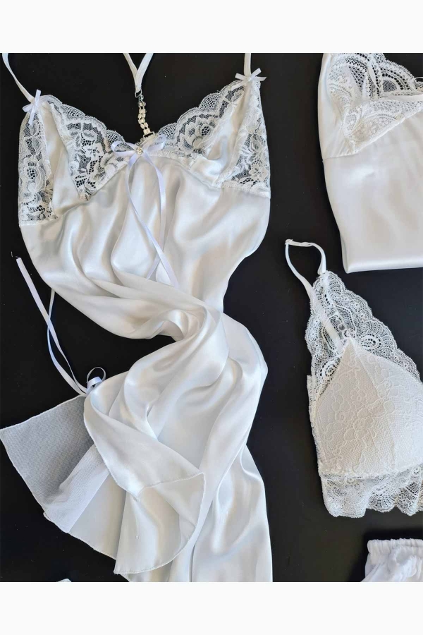 Beyaz saten 5 li gecelik şortlu set 6100 - 3