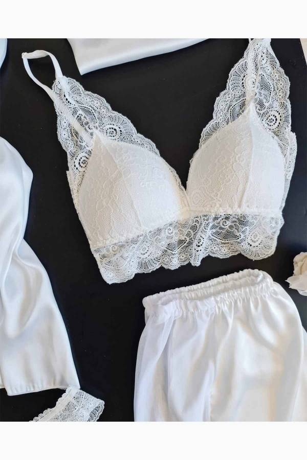 Beyaz saten 5 li gecelik şortlu set 6100 - 4