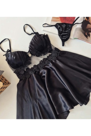 Gyve Black güpür saten gecelik set 6061 - ÇeyizeDairHerşey (1)