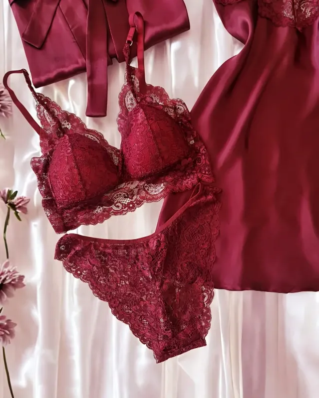 Bonita Bordo Saten 6 Lı Gecelik Sabahlık Çeyiz Seti 6767 - 3