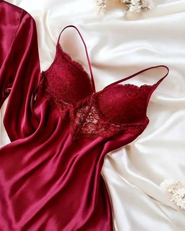Bonita Bordo Saten 6 Lı Gecelik Sabahlık Çeyiz Seti 6767 - 4