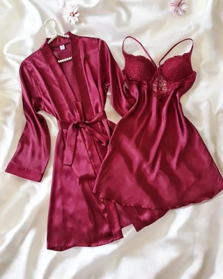 Bonita Bordo Saten 6 Lı Gecelik Sabahlık Çeyiz Seti 6767 - 5