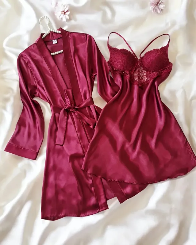Bonita Bordo Saten 6 Lı Gecelik Sabahlık Çeyiz Seti 6767 - 5