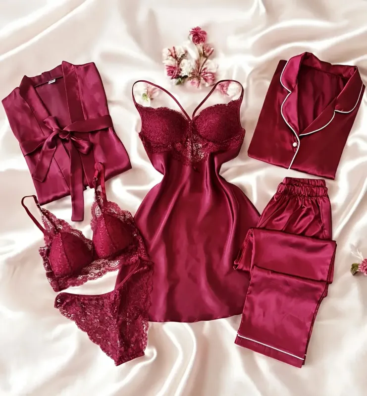 Bonita Bordo Saten 6 Lı Gecelik Sabahlık Çeyiz Seti 6767 - 2