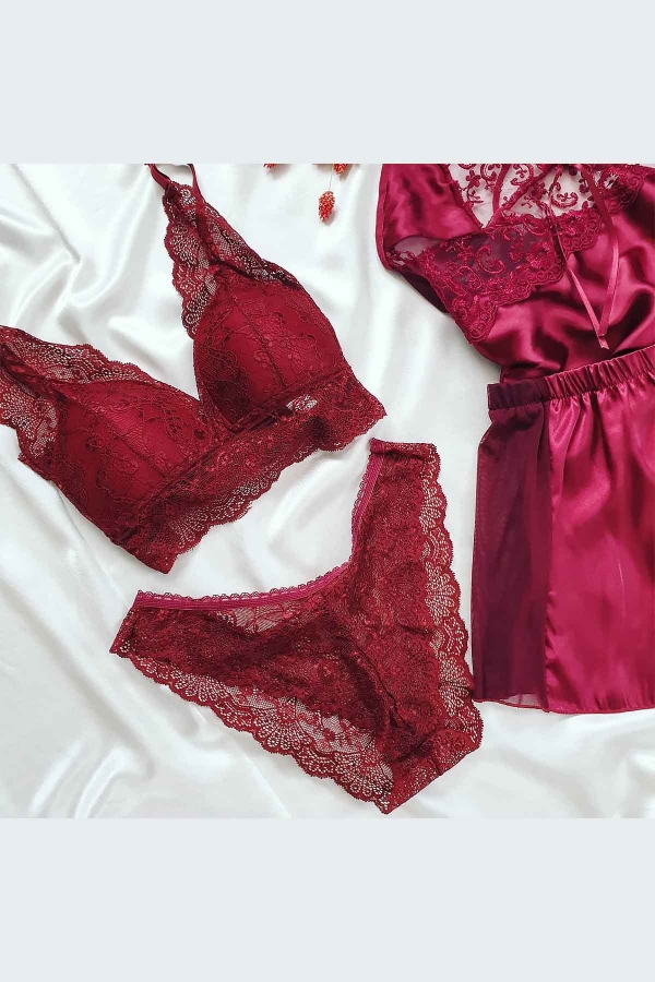 Bordo saten bralet kombinli 4 lü şort set 5772 - 2