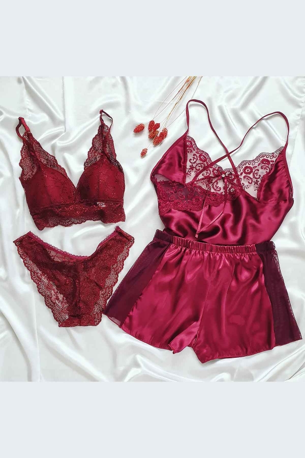 Bordo saten bralet kombinli 4 lü şort set 5772 - 1