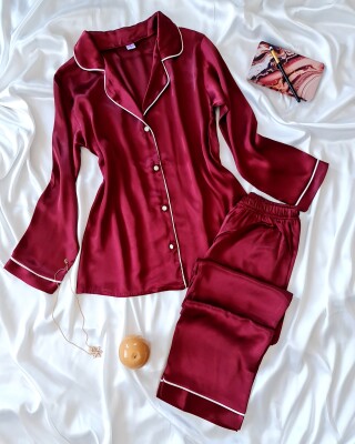 Bordo Önden Düğmeli İpek Saten Pijama Takımı 6793 - ÇeyizeDairHerşey