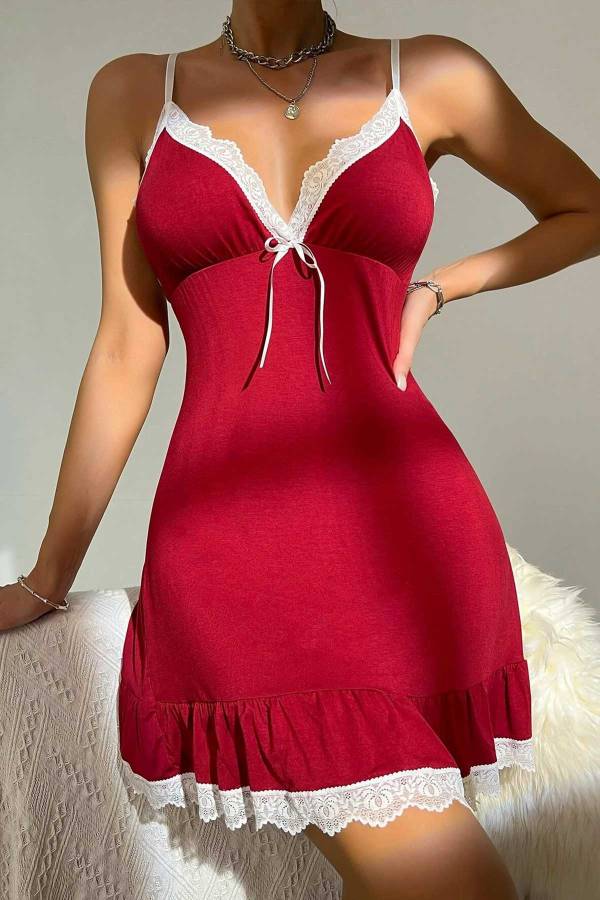Lolo burgundy güpür detaylı soft penye gecelik 6219 - 1