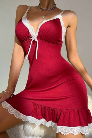 Lolo burgundy güpür detaylı soft penye gecelik 6219 - ÇeyizeDairHerşey (1)