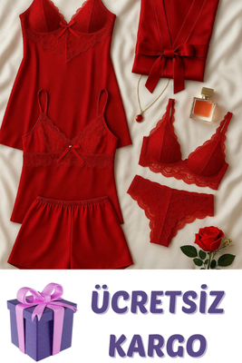 Crimson Kırmızı 6’lı Saten & Dantel Lüks Gecelik Seti 7055 - 1