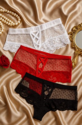 Dantel Detaylı Fantezi Kadın Külot 3’lü Set – Kırmızı / Siyah / Beyaz 7011 - ÇeyizeDairHerşey