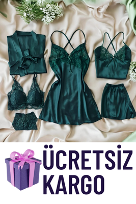 Defne Zümrüt Yeşili İpek Saten 6 Parça Çeyiz Seti 6738 - ÇeyizeDairHerşey