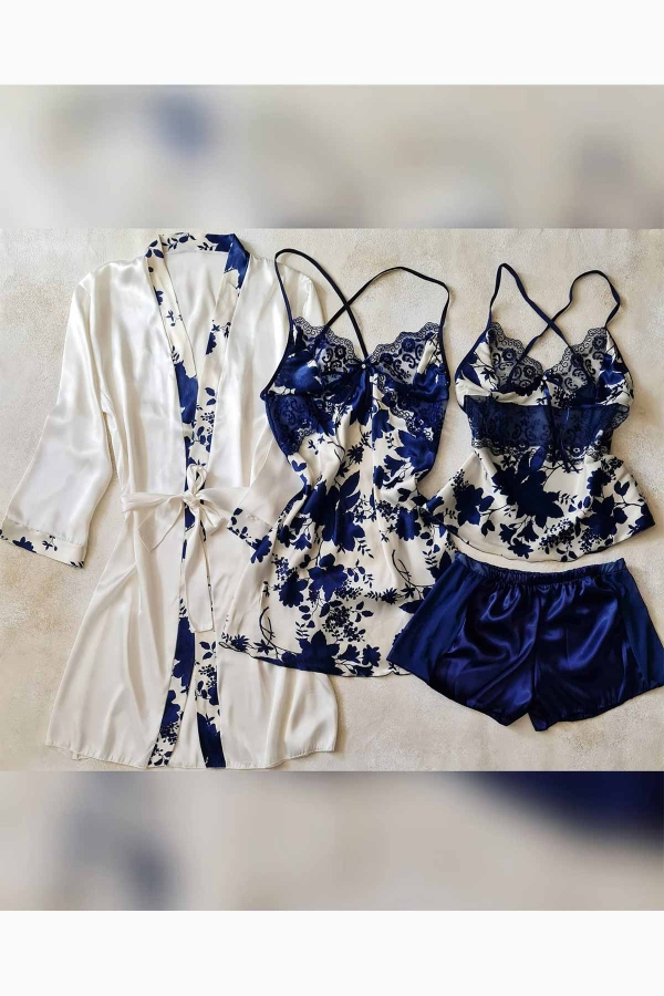 Lacivert çiçekli sabahlıklı 4 lü saten gecelik seti 6133 - 1