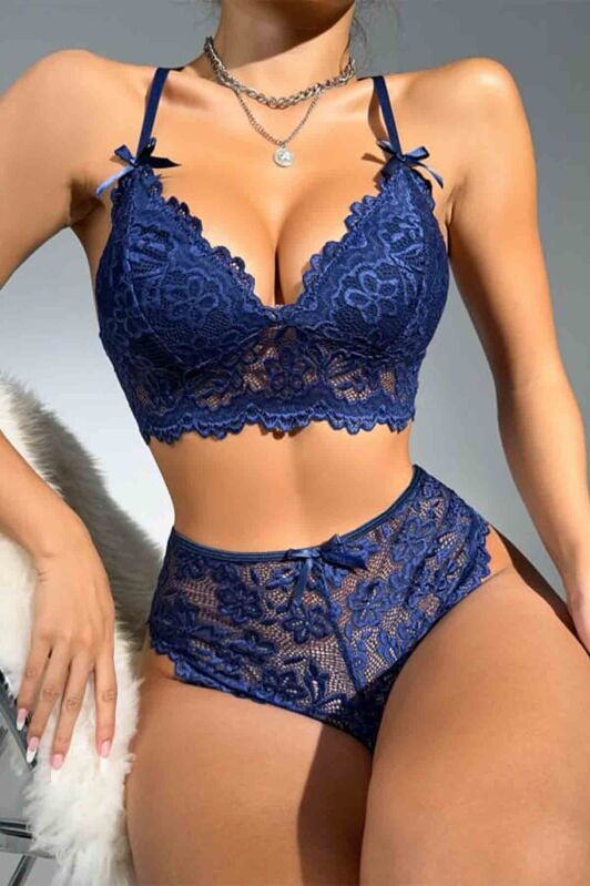 Erossa navy blue kalpli dantel fantazi sütyen takım 6613 - 1