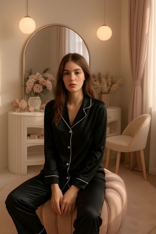  Evloria Siyah Saten Pijama Takım 6728 - 1