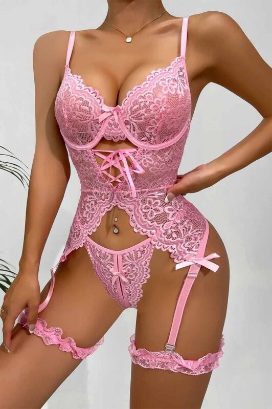 Fiery Pembe fantezi dantel jartiyer takım 6724 - 3