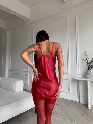  File Çorap Hediyeli Kırmızı Deri Yandan Bağlamalı Fantezi Babydoll 7038 - 4