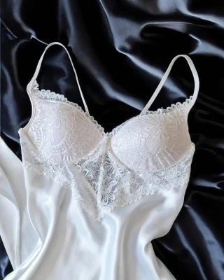 Ipek saten ekru kutulu 6 parça pijama gecelik gelin seti 6769 - 4
