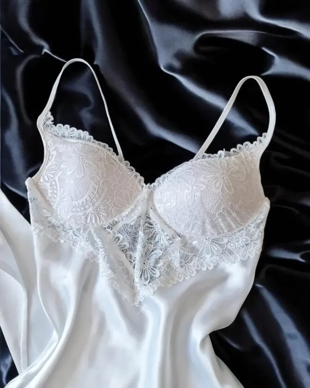 Ipek saten ekru kutulu 6 parça pijama gecelik gelin seti 6769 - 4