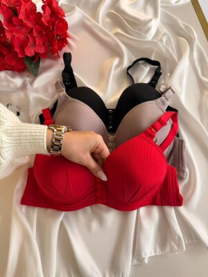 Kadın Telsiz Önden Çıtçıtlı Destekli Sütyen 3’lü Paket (Kırmızı - Vizon - Siyah) 7030 - 4