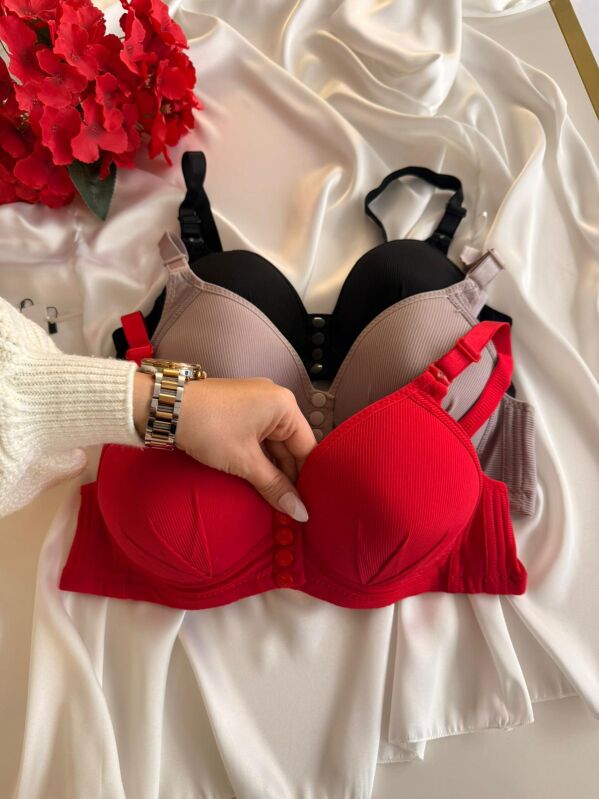 Kadın Telsiz Önden Çıtçıtlı Destekli Sütyen 3’lü Paket (Kırmızı - Vizon - Siyah) 7030 - 4