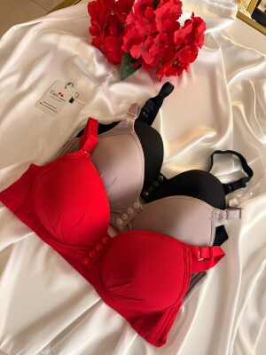 Kadın Telsiz Önden Çıtçıtlı Destekli Sütyen 3’lü Paket (Kırmızı - Vizon - Siyah) 7030 - 3
