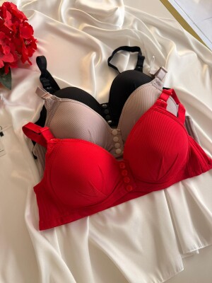 Kadın Telsiz Önden Çıtçıtlı Destekli Sütyen 3’lü Paket (Kırmızı - Vizon - Siyah) 7030 - 5