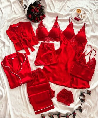 Kırmızı 8 Parça Dev Sabahlıklı Çeyiz Seti 7082 - 1