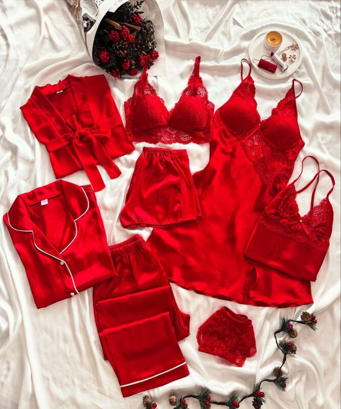 Kırmızı 8 Parça Dev Sabahlıklı Çeyiz Seti 7082 - 1