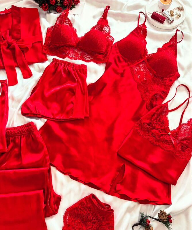 Kırmızı 8 Parça Dev Sabahlıklı Çeyiz Seti 7082 - 2