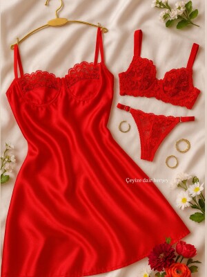 Kırmızı Dantel Saten 3’lü Lingerie Çeyizlik Set – Gecelik, Sütyen ve Külot - ÇeyizeDairHerşey