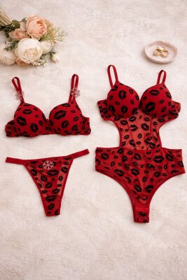 Kırmızı Siyah Dudak Desenli İki Parçalı Fantazi Lingerie Set – Sütyen & Tanga + Tek Parça Bodysuid 7080 - 1