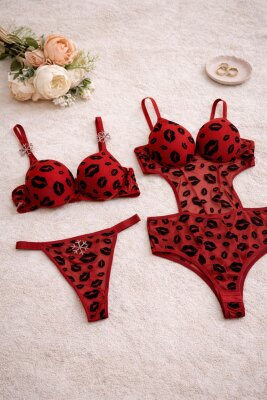 Kırmızı Siyah Dudak Desenli İki Parçalı Fantazi Lingerie Set – Sütyen & Tanga + Tek Parça Bodysuid 7080 - 2