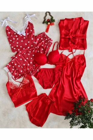 Kırmızı Kalpli 8 li gecelik, sabahlı, pijama çeyiz seti 6569 - ÇeyizeDairHerşey (1)