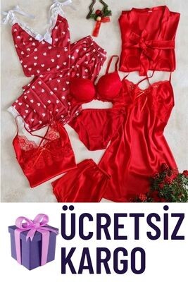 Kırmızı Kalpli 8 li gecelik, sabahlı, pijama çeyiz seti 6569 - ÇeyizeDairHerşey