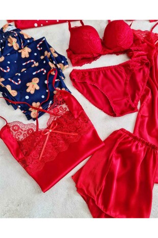 Kırmızı 8 li gecelik, sabahlı, pijama çeyiz seti 6568 - 5