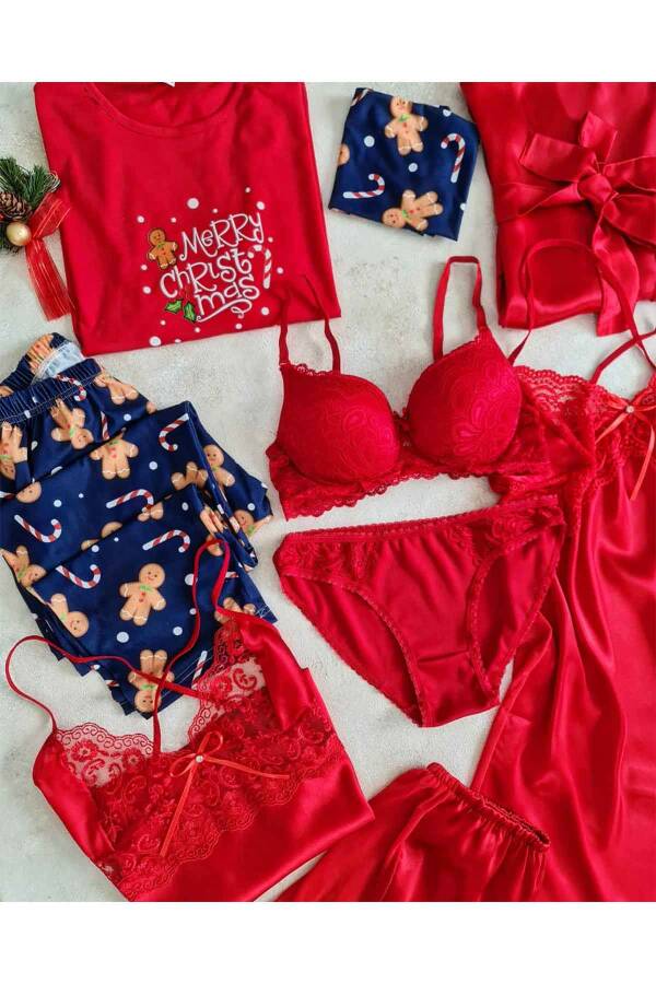 Kırmızı 8 li gecelik, sabahlı, pijama çeyiz seti 6568 - 3