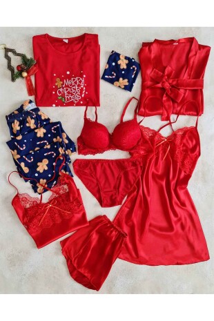 Kırmızı 8 li gecelik, sabahlı, pijama çeyiz seti 6568 - ÇeyizeDairHerşey (1)