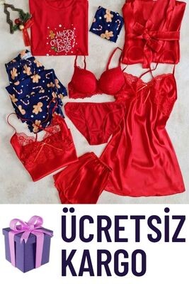 Kırmızı 8 li gecelik, sabahlı, pijama çeyiz seti 6568 - ÇeyizeDairHerşey