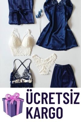 Lacivert 6 lı saten sabahlıklı çeyiz seti 5922 - ÇeyizeDairHerşey