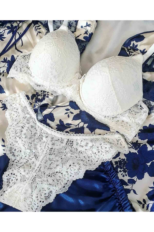 Lacivert ipek saten kutulu 5 li çeyizlik set 5714 - 2