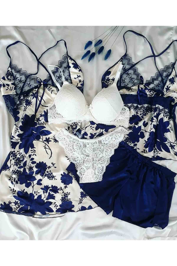 Lacivert ipek saten kutulu 5 li çeyizlik set 5714 - 1