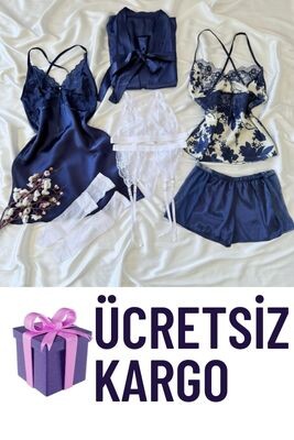 Lacivert Ipek Saten Kutulu 7 Parça Dev Gelin Seti 6862 - ÇeyizeDairHerşey