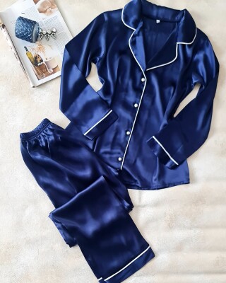 Lacivert Önden Düğmeli İpek Saten Pijama Takımı 6794 - ÇeyizeDairHerşey