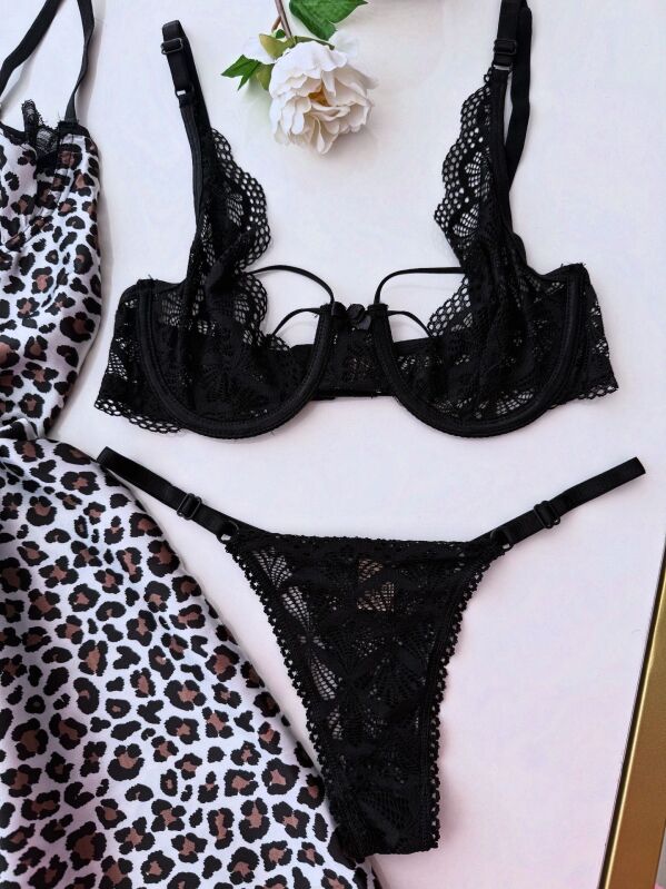 Luna Charm Leopar 3 Parça Gecelik ve Bralet seti 6885 - 2