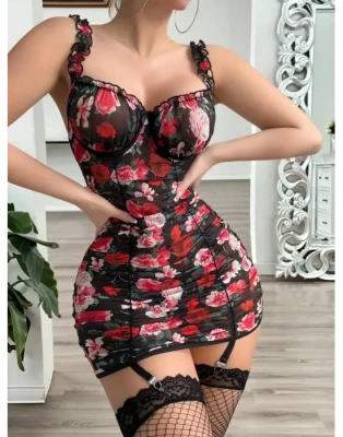 Midnight Rose Gül Desenli Gecelik – File Çorap Hediyeli - 3